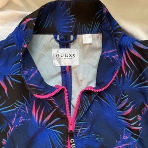 GUESS Nylon Polyester Windbreaker Jacket Navy Blue with Pink Zipper